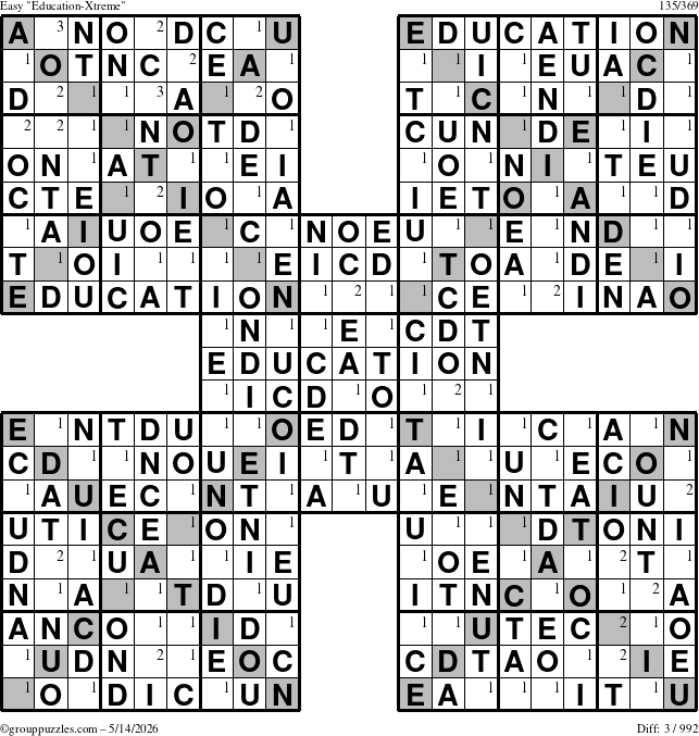 The grouppuzzles.com Easy Education-Xtreme puzzle for Thursday May 14, 2026 with the first 3 steps marked