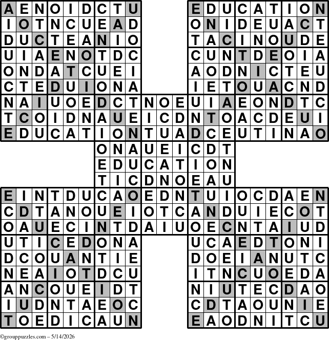 The grouppuzzles.com Answer grid for the Education-Xtreme puzzle for Thursday May 14, 2026
