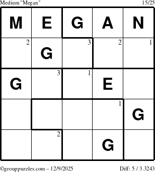 The grouppuzzles.com Medium Megan puzzle for Tuesday December 9, 2025 with the first 3 steps marked