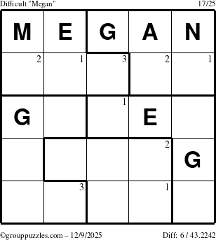 The grouppuzzles.com Difficult Megan puzzle for Tuesday December 9, 2025 with the first 3 steps marked