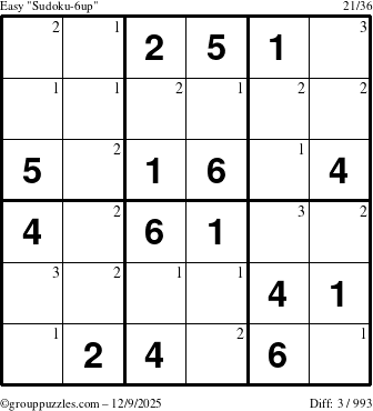 The grouppuzzles.com Easy Sudoku-6up puzzle for Tuesday December 9, 2025 with the first 3 steps marked