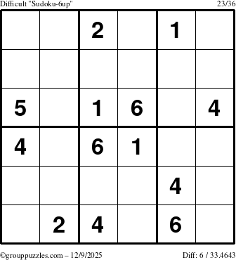 The grouppuzzles.com Difficult Sudoku-6up puzzle for Tuesday December 9, 2025