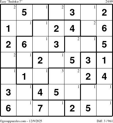 The grouppuzzles.com Easy Sudoku-7 puzzle for Tuesday December 9, 2025 with the first 3 steps marked