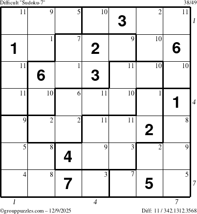 The grouppuzzles.com Difficult Sudoku-7 puzzle for Tuesday December 9, 2025, suitable for printing, with all 11 steps marked