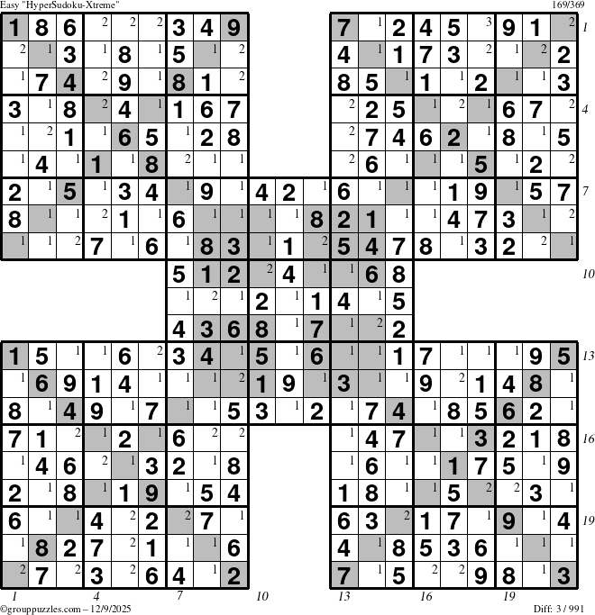 The grouppuzzles.com Easy HyperSudoku-Xtreme puzzle for Tuesday December 9, 2025 with all 3 steps marked
