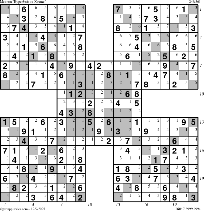 The grouppuzzles.com Medium HyperSudoku-Xtreme puzzle for Tuesday December 9, 2025 with all 7 steps marked