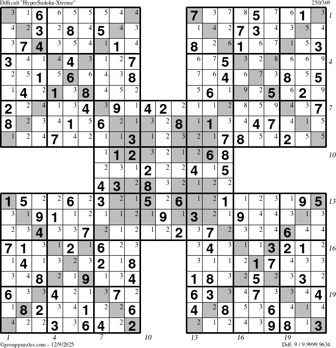 The grouppuzzles.com Difficult HyperSudoku-Xtreme puzzle for Tuesday December 9, 2025 with all 9 steps marked