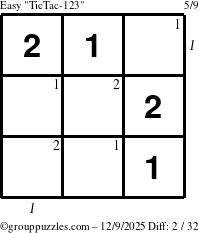 The grouppuzzles.com Easy TicTac-123 puzzle for Tuesday December 9, 2025 with all 2 steps marked