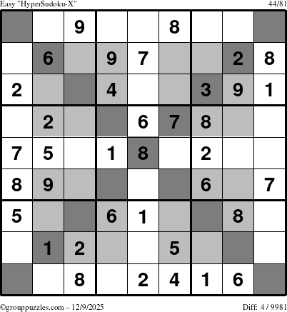 The grouppuzzles.com Easy HyperSudoku-X puzzle for Tuesday December 9, 2025