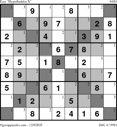 The grouppuzzles.com Easy HyperSudoku-X puzzle for Tuesday December 9, 2025 with the first 3 steps marked