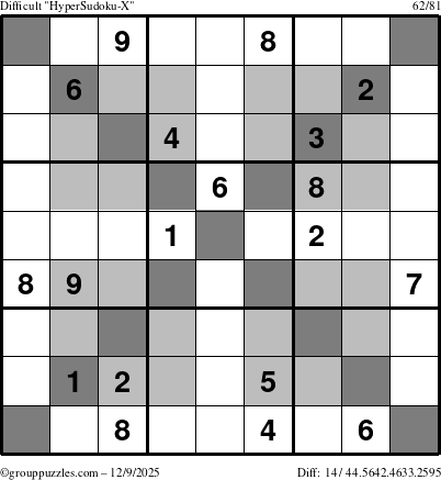 The grouppuzzles.com Difficult HyperSudoku-X puzzle for Tuesday December 9, 2025