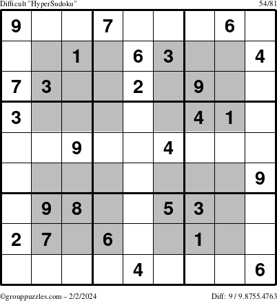 The grouppuzzles.com Difficult HyperSudoku puzzle for Friday February 2, 2024