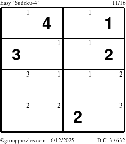 The grouppuzzles.com Easy Sudoku-4 puzzle for Thursday June 12, 2025 with the first 3 steps marked