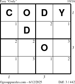 The grouppuzzles.com Easy Cody puzzle for Thursday June 12, 2025 with all 3 steps marked