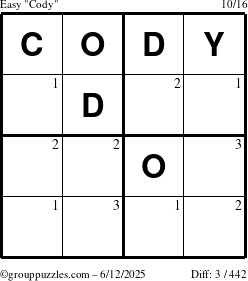 The grouppuzzles.com Easy Cody puzzle for Thursday June 12, 2025 with the first 3 steps marked