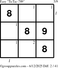 The grouppuzzles.com Easy TicTac-789 puzzle for Thursday June 12, 2025 with all 2 steps marked