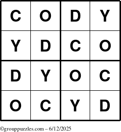 The grouppuzzles.com Answer grid for the Cody puzzle for Thursday June 12, 2025