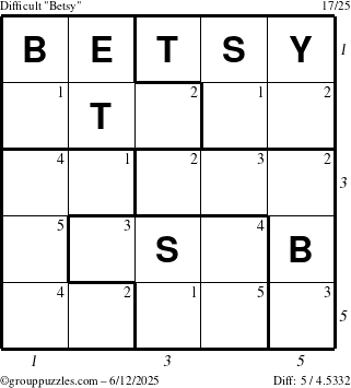 The grouppuzzles.com Difficult Betsy puzzle for Thursday June 12, 2025 with all 5 steps marked