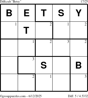 The grouppuzzles.com Difficult Betsy puzzle for Thursday June 12, 2025 with the first 3 steps marked
