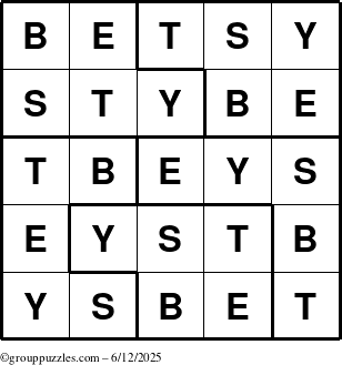 The grouppuzzles.com Answer grid for the Betsy puzzle for Thursday June 12, 2025
