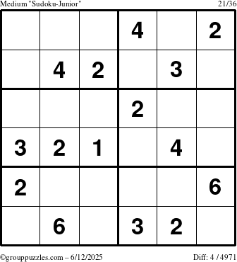 The grouppuzzles.com Medium Sudoku-Junior puzzle for Thursday June 12, 2025