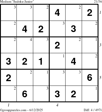 The grouppuzzles.com Medium Sudoku-Junior puzzle for Thursday June 12, 2025 with all 4 steps marked