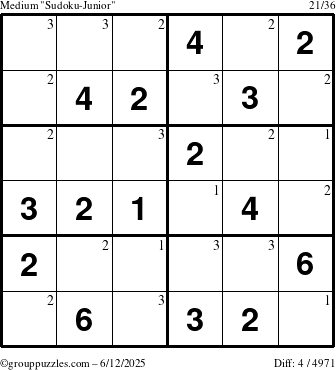 The grouppuzzles.com Medium Sudoku-Junior puzzle for Thursday June 12, 2025 with the first 3 steps marked
