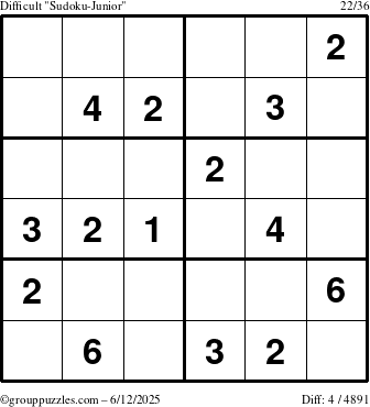 The grouppuzzles.com Difficult Sudoku-Junior puzzle for Thursday June 12, 2025