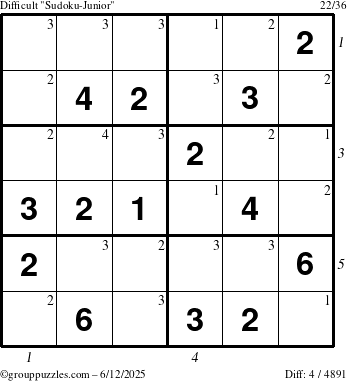 The grouppuzzles.com Difficult Sudoku-Junior puzzle for Thursday June 12, 2025 with all 4 steps marked