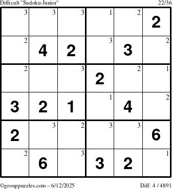 The grouppuzzles.com Difficult Sudoku-Junior puzzle for Thursday June 12, 2025 with the first 3 steps marked