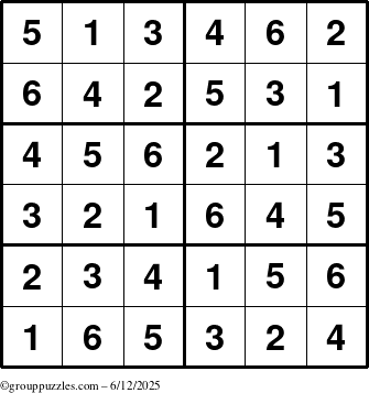 The grouppuzzles.com Answer grid for the Sudoku-Junior puzzle for Thursday June 12, 2025