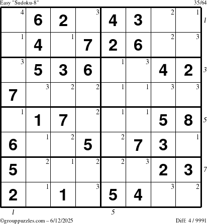 The grouppuzzles.com Easy Sudoku-8 puzzle for Thursday June 12, 2025 with all 4 steps marked