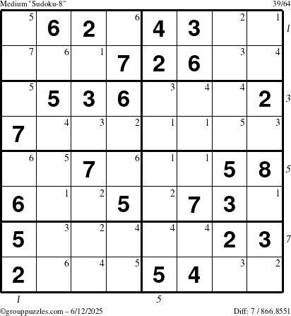 The grouppuzzles.com Medium Sudoku-8 puzzle for Thursday June 12, 2025 with all 7 steps marked
