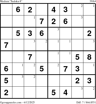 The grouppuzzles.com Medium Sudoku-8 puzzle for Thursday June 12, 2025 with the first 3 steps marked