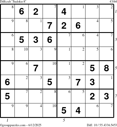 The grouppuzzles.com Difficult Sudoku-8 puzzle for Thursday June 12, 2025 with all 10 steps marked
