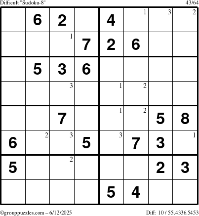 The grouppuzzles.com Difficult Sudoku-8 puzzle for Thursday June 12, 2025 with the first 3 steps marked