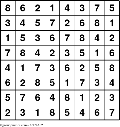 The grouppuzzles.com Answer grid for the Sudoku-8 puzzle for Thursday June 12, 2025
