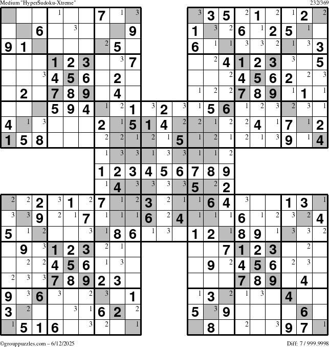 The grouppuzzles.com Medium cover-HyperXtreme puzzle for Thursday June 12, 2025 with the first 3 steps marked