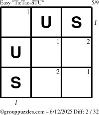 The grouppuzzles.com Easy TicTac-STU puzzle for Thursday June 12, 2025 with all 2 steps marked