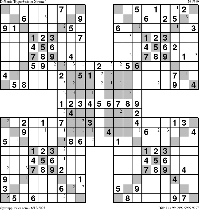 The grouppuzzles.com Difficult cover-HyperXtreme puzzle for Thursday June 12, 2025 with the first 3 steps marked