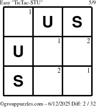 The grouppuzzles.com Easy TicTac-STU puzzle for Thursday June 12, 2025 with the first 2 steps marked