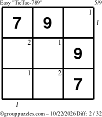 The grouppuzzles.com Easy TicTac-789 puzzle for Thursday October 22, 2026, suitable for printing, with all 2 steps marked