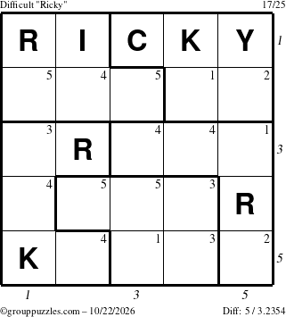 The grouppuzzles.com Difficult Ricky puzzle for Thursday October 22, 2026, suitable for printing, with all 5 steps marked