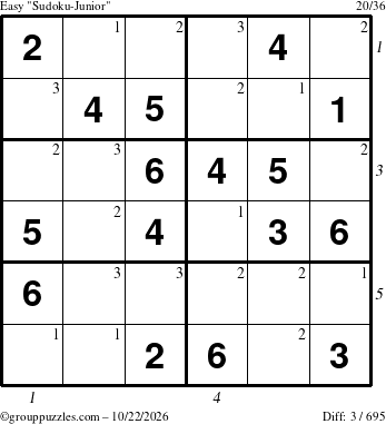 The grouppuzzles.com Easy Sudoku-Junior puzzle for Thursday October 22, 2026, suitable for printing, with all 3 steps marked
