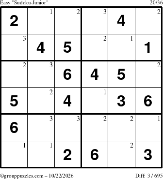 The grouppuzzles.com Easy Sudoku-Junior puzzle for Thursday October 22, 2026 with the first 3 steps marked