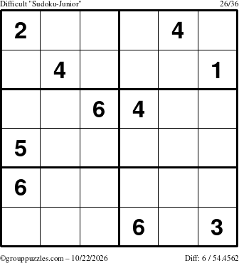 The grouppuzzles.com Difficult Sudoku-Junior puzzle for Thursday October 22, 2026