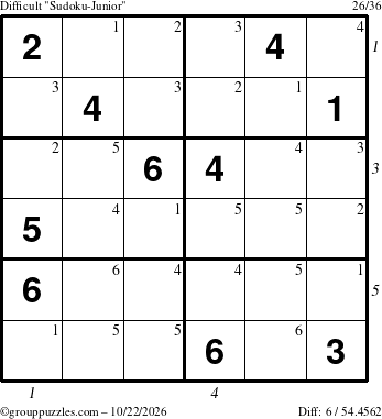 The grouppuzzles.com Difficult Sudoku-Junior puzzle for Thursday October 22, 2026, suitable for printing, with all 6 steps marked