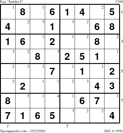 The grouppuzzles.com Easy Sudoku-8 puzzle for Thursday October 22, 2026 with all 4 steps marked