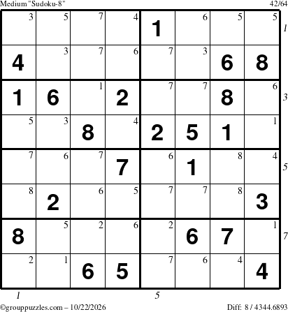 The grouppuzzles.com Medium Sudoku-8 puzzle for Thursday October 22, 2026, suitable for printing, with all 8 steps marked