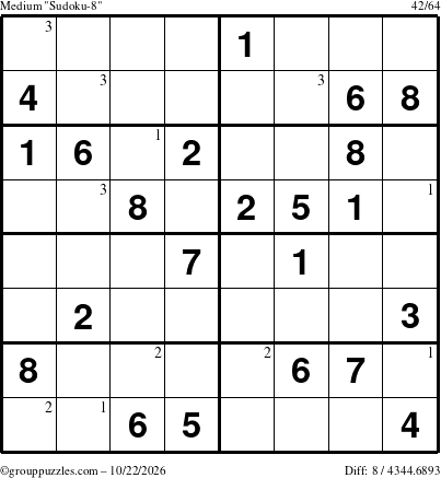The grouppuzzles.com Medium Sudoku-8 puzzle for Thursday October 22, 2026 with the first 3 steps marked